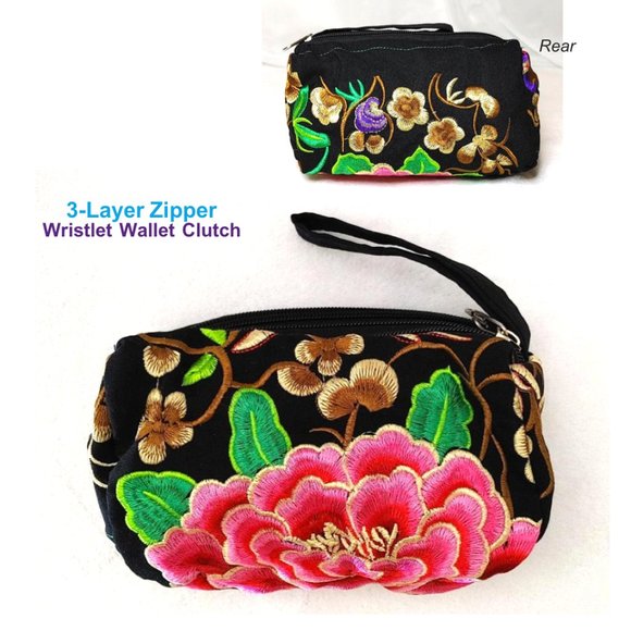 Embroidered Floral Fabric Wristlet Pouch Black Pink 3-Layer Zipper Wallet Lined - Picture 2 of 11